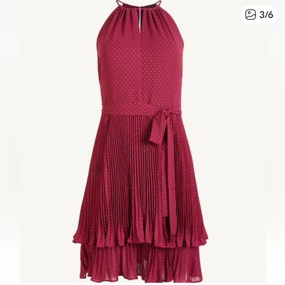 Ann Taylor Maroon Pleated Tiered Midi Dress Halter Polka Dot‎ Career Holiday 4 S